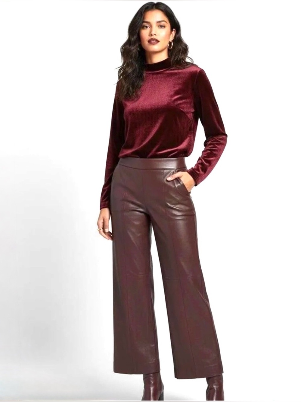 CHICO’S, Women's Faux Leather Straight Leg Pants in Deep Plum Color, Size 2